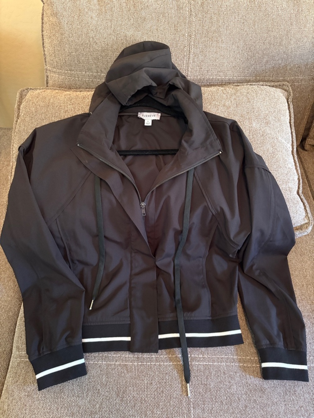 Evereve Black Hooded Drawstring Bomber Jacket with Stripe Trim